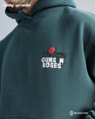 Guy in Streetwear 'Guns & Roses' Dark Teal 350-370 GSM 100% Cotton Puff Print Oversize Hoodie HG x Bumchiq - Front Print Close Up