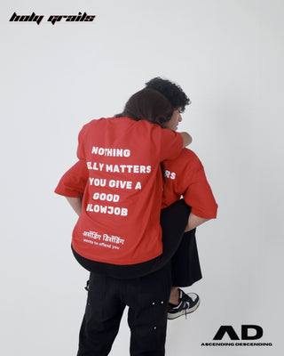 Girl on Back of Guy Streetwear 'Offensive Santa' red 250 GSM bio-wahsed cotton oversize printed tee HG x AD - Back Side