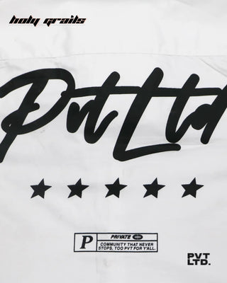 Streetwear 'Pvt' White 100% Cotton Half Sleeve Over-Shirt HG x Pvt Ltd - Back Print Close Up