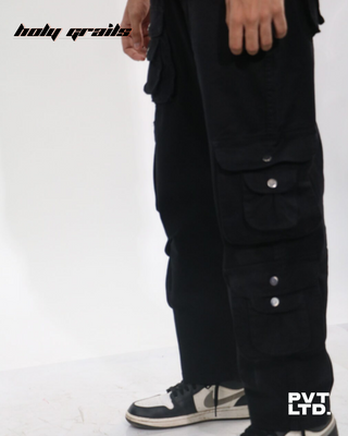 Streetwear Style Baggy Black '14 Pocketed Cargo' Pants HG x Pvt Ltd - Side Closeup