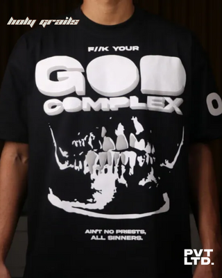 Streetwear Style 'F//k Your God Complex' Oversized Black 240 GSM Cotton T-shirt HG x Pvt Ltd - Front Closeup