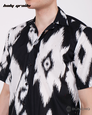 Streetwear Style 'Ikat Diamond' Black Oversized Rayon Shirt - Front Closeup