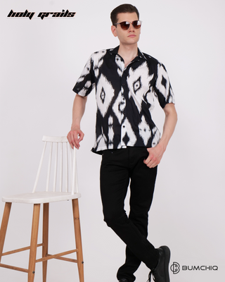 Streetwear Style 'Ikat Diamond' Black Oversized Rayon Shirt - Front Paired with black pants, shoes, & shades