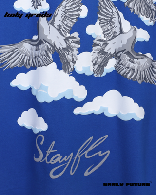 Streetwear Style 'Stay Fly' Navy Blue Oversized 230 GSM Terry Cotton T-Shirt - Back Close Up