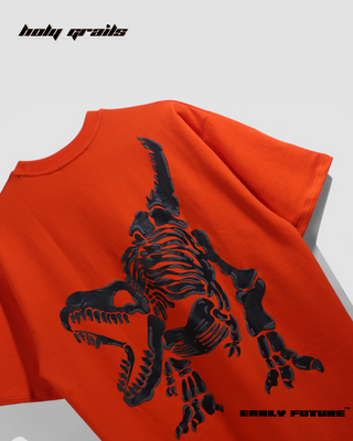 Streetwear Style 'T-Rex' Orange Oversized 230 GSM Terry Cotton T-Shirt - Back Close Up