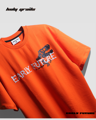Streetwear Style 'T-Rex' Orange Oversized 230 GSM Terry Cotton T-Shirt - Front Close Up