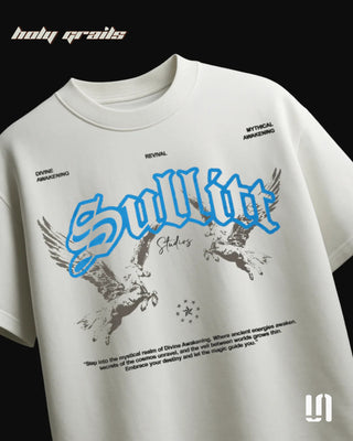 Streetwear 'Wings of Freedom' White 240 GSM French Terry Lycra Puff Print Relaxed Fit Tee HG x Sullitt - Front Close Up
