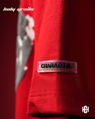 'The Glory' Red 240 GSM 100% Terry Cotton Puff Printed Graphic Oversized T-Shirt HG x Charactr - Sleeve Close Up