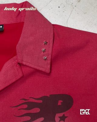 'The Legacy' Red Heavyweight Twill Printed Oversize Half Sleeve Shirt HG x Pvt Ltd - Front Close Up