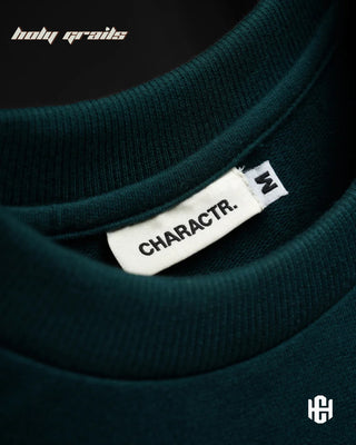 'The Milf' Green 240 GSM Terry Cotton Puff Printed Graphic Oversized T-Shirt HG x Charactr - Front Neck Close Up