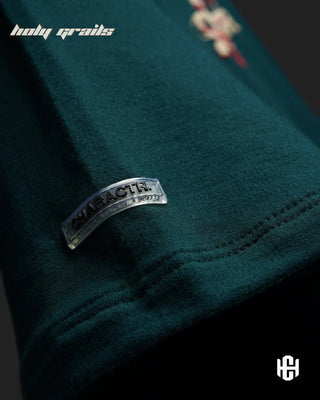 'The Milf' Green 240 GSM Terry Cotton Puff Printed Graphic Oversized T-Shirt HG x Charactr - Sleeve Close Up
