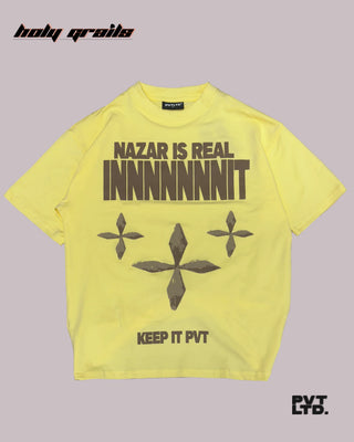 'The Nazar' Yellow 260 GSM Looper Lycra Graphic Printed Oversize T-Shirt HG x Pvt Ltd - Front