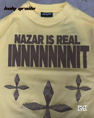'The Nazar' Yellow 260 GSM Looper Lycra Graphic Printed Oversize T-Shirt HG x Pvt Ltd - Front Close Up
