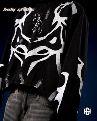 'Veilborn' 400 GSM Waffle Knit Screen Print Full Sleeve Crewneck Oversize T-Shirt HG x Charactr - Front Close