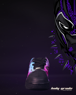 Wakanda Forever Custom black Air Force 1 with Black Panther text - Front 