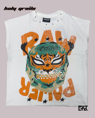 'White Raw Power' 260 GSM Looper Lycra Graphic Printed Sleeveless Vest HG x Pvt Ltd - Front