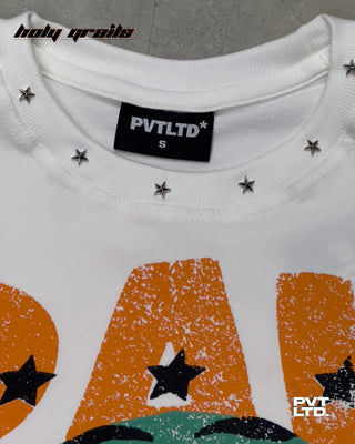 'White Raw Power' 260 GSM Looper Lycra Graphic Printed Sleeveless Vest HG x Pvt Ltd - Front Collar Close Up
