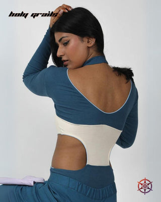 Women 1 in 'Aqua Curve' Blue & White with Cotton Lycra 2x2 Ribbed Knit 240 GSM and Viscose Cotton Lycra Jersey Knit 290 GSM Bodysuit HG x Duskin - Back