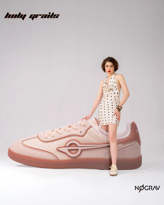 Women Standing over Sneaker Cutout Wearing Homegrown 'Cheesecake' Cream Premium PU Upper, Cushioned Footbed, Eva Midsole & Rubber Outsole Lightweight Sneaker HG x NoGrav - Front