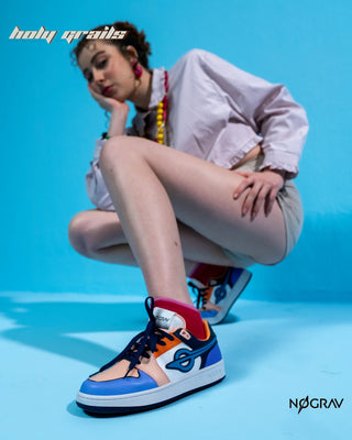 Women Sitting in Homegrown 'Bubblegum' Multi-Color Premium PU Upper, Cushioned Footbed, Eva Midsole & Rubber Outsole Lightweight Sneaker HG x NoGrav - Side