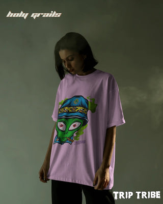 Women in Street Style 'Alien High' Light Baby Pink 240 GSM 100% Cotton Oversize Tee HG x Trip Tribe - Front Side
