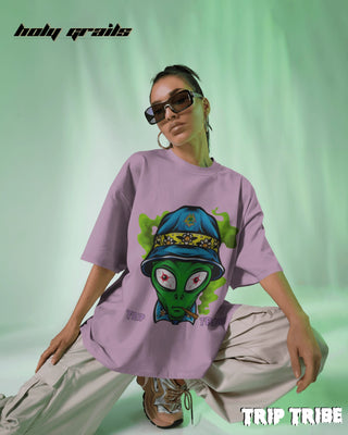 Women in Street Style 'Alien High' Light Baby Pink 240 GSM 100% Cotton Oversize Tee HG x Trip Tribe - Front Sitting