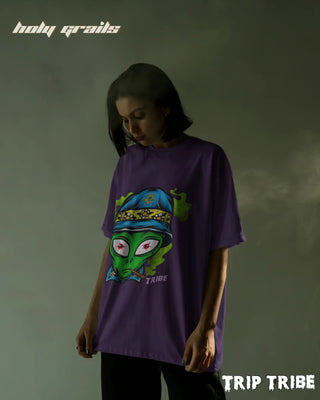 Women in Street Style 'Alien High' Purple 240 GSM 100% Cotton Oversize Tee HG x Trip Tribe - Front Side