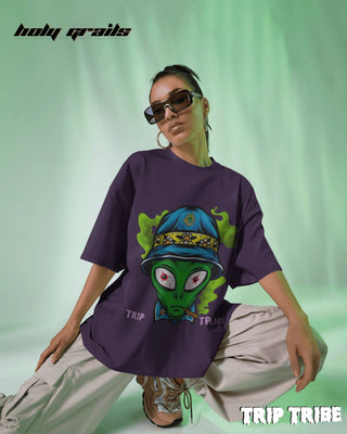 Women in Street Style 'Alien High' Purple 240 GSM 100% Cotton Oversize Tee HG x Trip Tribe - Front Sitting