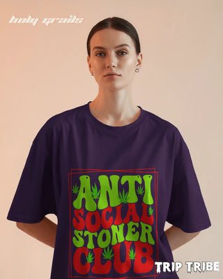 Women in Street Style 'Anti Social Stoner Club' Purple 240 GSM 100% Cotton Oversize Tee HG x Trip Tribe - Front