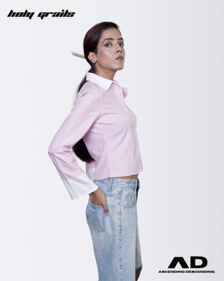 Woman wearing a Street Style 'Blush Boss Crop' Pink & White Stripes Full Sleeve Cotton Shirt and light blue jeans - Side 1
