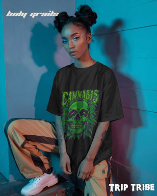 Women in Street Style 'Cannabis Skull' Black 240 GSM 100% Cotton Oversize Tee HG x Trip Tribe - Front
