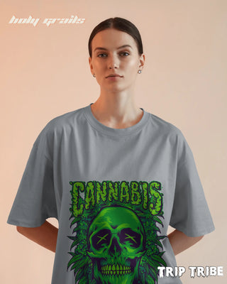 Women in Street Style 'Cannabis Skull' Grey Melange 240 GSM 100% Cotton Oversize Tee HG x Trip Tribe - Front