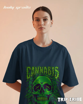 Women in Street Style 'Cannabis Skull' Petrol Blue 240 GSM 100% Cotton Oversize Tee HG x Trip Tribe - Front
