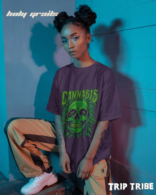 Women in Street Style 'Cannabis Skull' Purple 240 GSM 100% Cotton Oversize Tee HG x Trip Tribe - Front