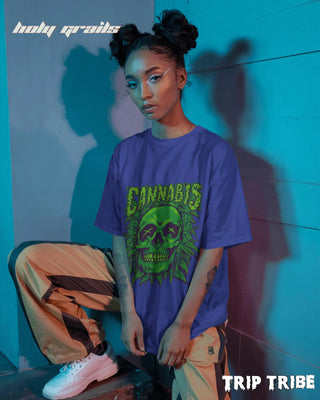 Women in Street Style 'Cannabis Skull' Royal Blue 240 GSM 100% Cotton Oversize Tee HG x Trip Tribe - Front
