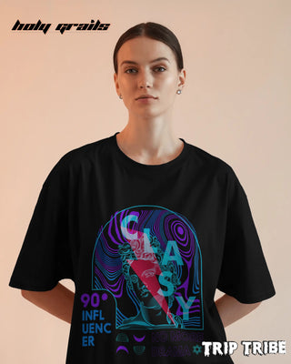 Women in Street Style 'Classy No More Drama' Black 240 GSM 100% Cotton Oversize Tee HG x Trip Tribe - Front