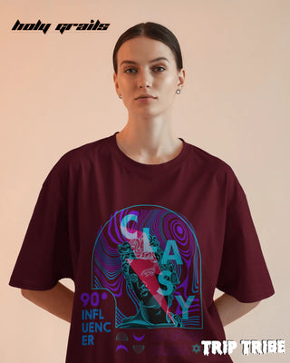 Women in Street Style 'Classy No More Drama' Maroon 240 GSM 100% Cotton Oversize Tee HG x Trip Tribe - Front