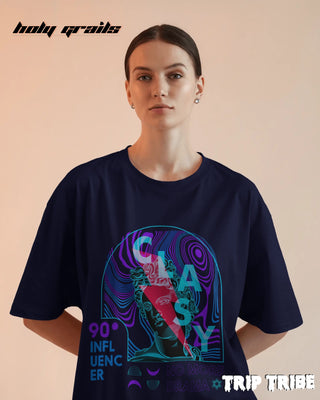Women in Street Style 'Classy No More Drama' Navy Blue 240 GSM 100% Cotton Oversize Tee HG x Trip Tribe - Front