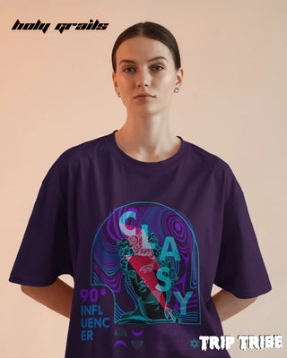 Women in Street Style 'Classy No More Drama' Purple 240 GSM 100% Cotton Oversize Tee HG x Trip Tribe - Front