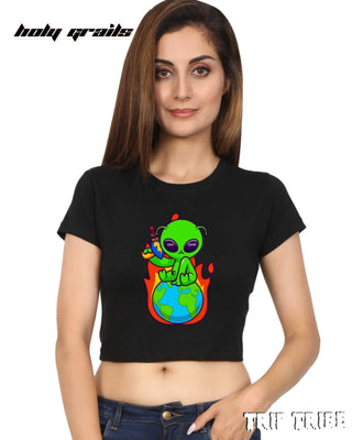 Women in Street Style 'Don't Mess With Me' Black 180 GSM 100% Cotton Graphic Crop Top HG x Trip Tribe - Front