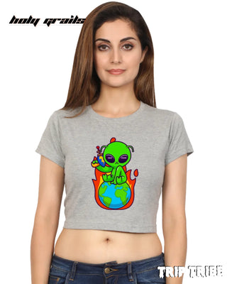 Women in Street Style 'Don't Mess With Me' Grey Melange 180 GSM 100% Cotton Graphic Crop Top HG x Trip Tribe - Front