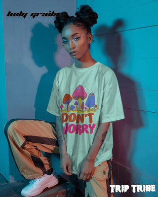 Women in Street Style 'Don’t Worry' Mint Green 240 GSM 100% Cotton Oversize Tee HG x Trip Tribe - Front
