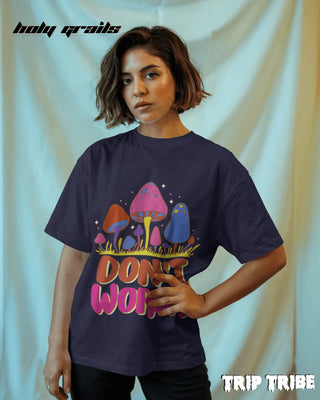 Women in Street Style 'Don’t Worry' Navy Blue 240 GSM 100% Cotton Oversize Tee HG x Trip Tribe - Front