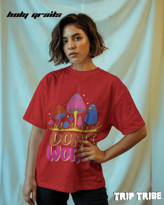 Women in Street Style 'Don’t Worry' Red 240 GSM 100% Cotton Oversize Tee HG x Trip Tribe - Front