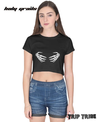 Women in Street Style 'Edgy Skeleton Hands' Black 180 GSM 100% Cotton Graphic Crop Top HG x Trip Tribe - Front