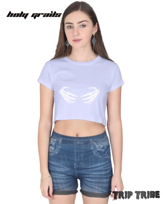 Women in Street Style 'Edgy Skeleton Hands' Lavender 180 GSM 100% Cotton Graphic Crop Top HG x Trip Tribe - Front
