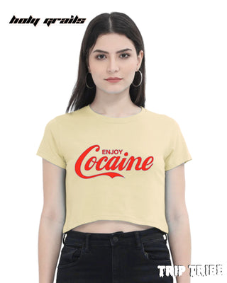 Women in Street Style 'Enjoy Cocaine' Beige Funky 180 GSM 100% Cotton Graphic Crop Top HG x Trip Tribe - Front