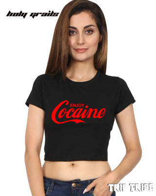 Women in Street Style 'Enjoy Cocaine' Black Funky 180 GSM 100% Cotton Graphic Crop Top HG x Trip Tribe - Front