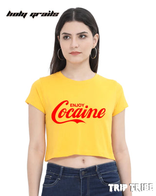 Women in Street Style 'Enjoy Cocaine' Golden Yellow Funky 180 GSM 100% Cotton Graphic Crop Top HG x Trip Tribe - Front