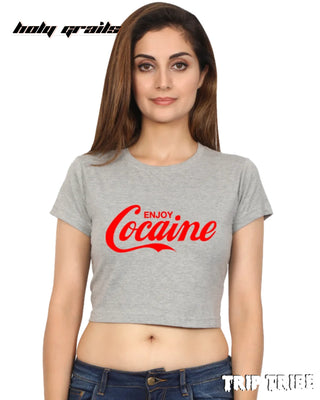 Women in Street Style 'Enjoy Cocaine' Grey Melange Funky 180 GSM 100% Cotton Graphic Crop Top HG x Trip Tribe - Front